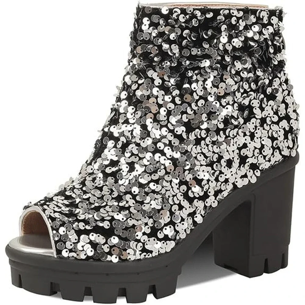 Silver Sequin Peep Toe Fairy Grunge Whimsigoth Sparkle Platform Lug Sole Boots 9